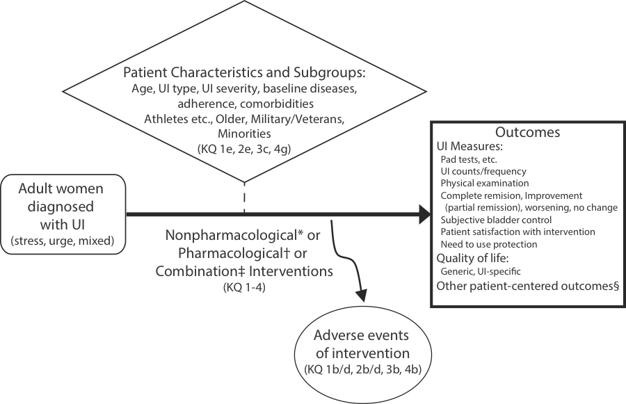 Figure 1: The analytic framework summarizes the Key Questions within the context of the eligibility criteria. The figure diagrammatically shows that adult women diagnosed with urinary incontinence (whether stress, urge, or mixed) may be treated with nonpharmacological, pharmacological, or combination interventions. The evaluations of these interventions are addressed by key question 1 to 4. The nonpharmacological interventions are listed in the footnote * and the pharmacological interventions are listed in the footnote †. Combination interventions are combinations of eligible nonpharmacological and pharmacological interventions (as noted in footnote ‡). These interventions can result in adverse events, which are addressed by key questions 1b, 1d, 2b, 2d, 3b, and 4b. The effects and adverse events of the interventions may be modified by patient characteristics and subgroups. These are listed as age, urinary incontinence type, urinary incontinence severity, baseline diseases, adherence, comorbidities, athletes etcetera, older women, military and veteran women, and minorities. The differences in effect and adverse events by patient characteristics are addressed by key questions 1e, 2e, 3c, and 4g. The outcomes of interest include urinary incontinence measures, which include pad tests etcetera, urinary incontinence counts and frequency, physical examination, complete remission, improvement (i.e., partial remission), worsening, no change, subjective bladder control, patient satisfaction with intervention, and need to use protection; quality of life, including generic and urinary incontinence-specific measures; and other patient-centered outcomes. As noted in footnote §, other patient-centered outcomes will be based on findings of the contextual question.