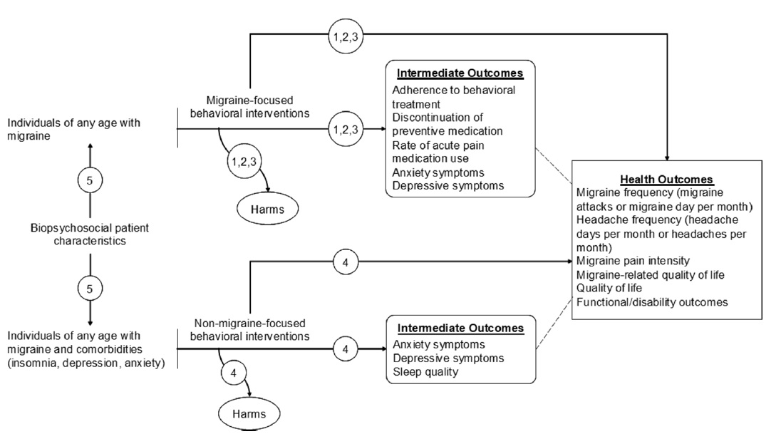 The analytic framework displays the scope of the review. On the left are shown two patient populations, first, individuals of any age with migraine and second, individuals of any age with migraine and comorbidities such as insomnia, depression, and anxiety. Starting at the top left and moving to the right is shown a pathway for individuals of any age with migraine who receive migraine focused behavioral interventions. These interventions may affect intermediate outcomes which are displayed in the box to the right. These intermediate outcomes include adherence to behavioral treatment, discontinuation of preventive medication, rate of acute pain medication use, and anxiety and depression symptoms. Moving even farther to the right is a box with health outcomes that may be impacted by behavioral interventions; these outcomes include migraine or headache frequency, disability and quality of life. Key questions 1, 2 and 3 address the impact of behavioral interventions on these outcomes.
Key question 4 is represented by the bottom pathway which starts on the left with individuals of any age with migraine and insomnia, depression or anxiety. Progressing to the right are shown non-migraine focused behavioral interventions which may affect intermediate outcomes such as anxiety symptoms, depression symptoms, and sleep quality. Ultimately these non-migraine focused behavioral interventions are also intended to impact health outcomes, shown in a box on the far right.  These health outcomes include reduction in migraine or headache frequency, and improvements in quality of life, disability, and function.
Each of these interventions may be associated with potential harms, which are represented by curved arrows leaving both migraine focused and non-migraine focused behavioral interventions. Finally, on the far left, biopsychosocial patient characteristics appear between the 2 patient populations, with arrows connected to both populations. This represents KQ 5 which addresses the potential impact of biopsychosocial patient characteristics on outcomes. 
