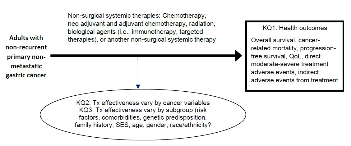 This analytic framework depicts the pathway of key question 1, which asks how medical systemic therapies may impact the outcomes of overall survival, cancer-related mortality, progression-free survival, quality of life, direct moderate-severe treatment adverse events, and indirect adverse events from treatment. Outcomes may be moderated by cancer variables and subgroups such as risk factors, comorbidities, genetic predisposition, family history, socioeconomic status, age, gender, and race and ethnicity.