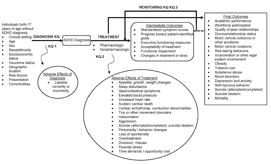 Figure 1: This figure depicts the key questions and outcomes to evaluate the diagnosis, treatment, and monitoring strategies for ADHD
