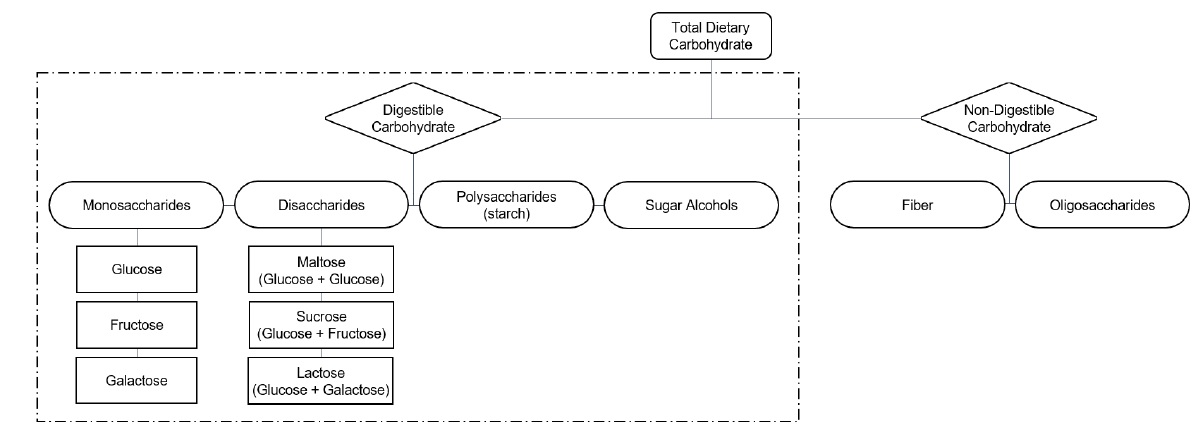 Figure 1 is a flowchart representing the components of total dietary carbohydrate. Lines lead from the top box, total dietary carbohydrate, to two extended triangles below - one for digestible carbohydrate, on the left, and one for non-digestible carbohydrate on the right. On the right-hand side, a line leads from the non-digestible carbohydrate box to two ovals, one for fiber, the other for oligosaccharides. On the left-hand side, there is a large box with a dotted line, indicating that the components of digestible carbohydrate are of interest for this review. A line leads from the digestible carbohydrate box on the left-hand side to four ovals - monosaccharides on the far left, followed by disaccharides, polysaccharides (starch), and sugar alcohols. A line leads vertically below monosaccharides to three boxes - glucose, fructose, and galactose. A line leads vertically below disaccharides to three boxes - maltose (glucose + glucose), sucrose (glucose + fructose), and lactose (glucose + galactose). 