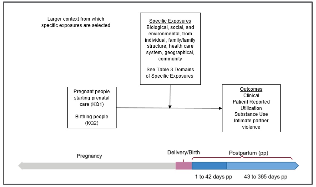Figure 1 is an analytic framework that depicts the exposures that pregnant persons may be subject to that may lead to specific outcomes while living within the larger context from which the specific exposures are selected. The framework includes the larger context from which specific exposures are selected. Specific populations include pregnant people potentially starting prenatal care (KQ1) birthing people (KQ2). Specific Exposures including biological, social, and environmental from individual, family/family structure, health care system, geographical, community exposures may impact outcomes including Clinical, Patient Reported, Utilization, Substance use, Intimate partner violence. See Table 3 Domains of Specific Exposures for a more detailed list of potential exposures.    As pregnant and birthing populations move along the Pregnancy to Postpartum Continuum, pregnant persons will experience Delivery/Birth followed by the postpartum period. The postpartum period is divided into two sections; the first period occurs 1 to 42 days postpartum (pp) and the second period occurs 43 to 365 days postpartum (pp).